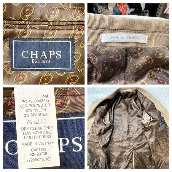 VTG Chaps Ralph Lauren Men's 44L Tan Corduroy Blazer Jacket Sport Coat Career - Picture 9 of 14